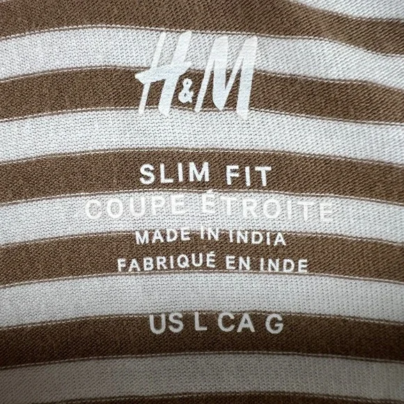 H&M Slim Fit Striped T-Shirt Mens L Brown White Crew Neck Casual Top - Picture 4 of 8